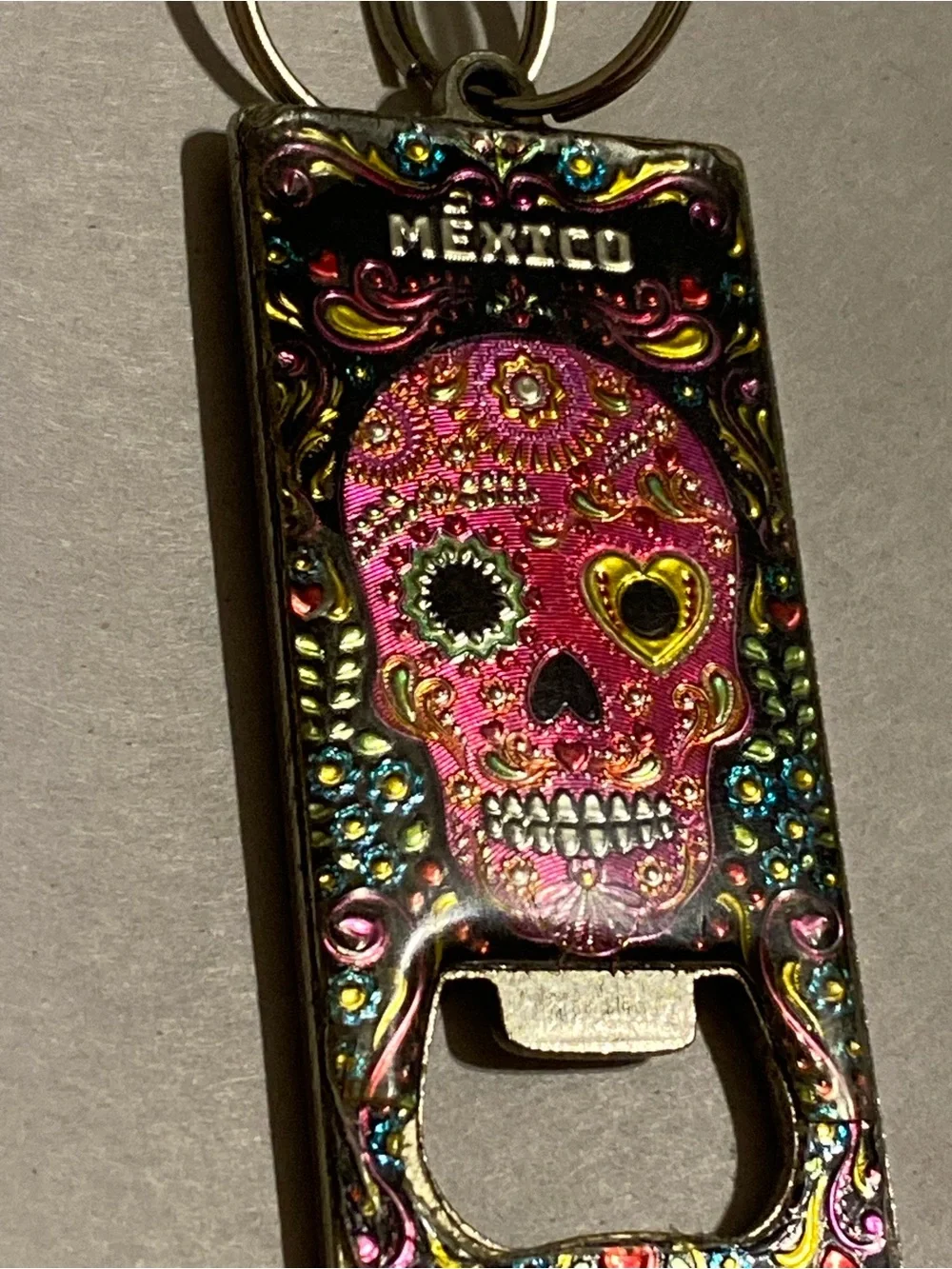 Mexico Sugar Skull Bottle Opener Keychain - Pink & Gold